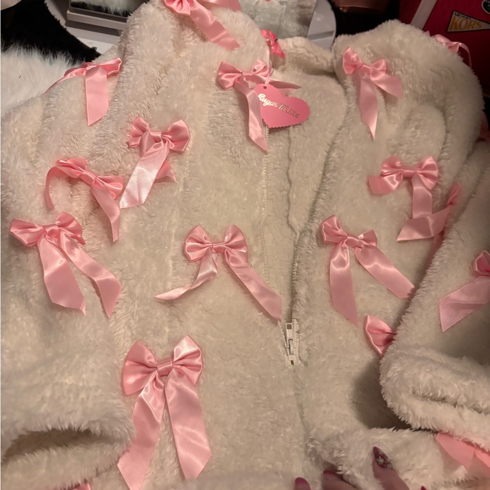 Sugar Thrillz Cream Teddy Jacket with Pink Satin Bows
